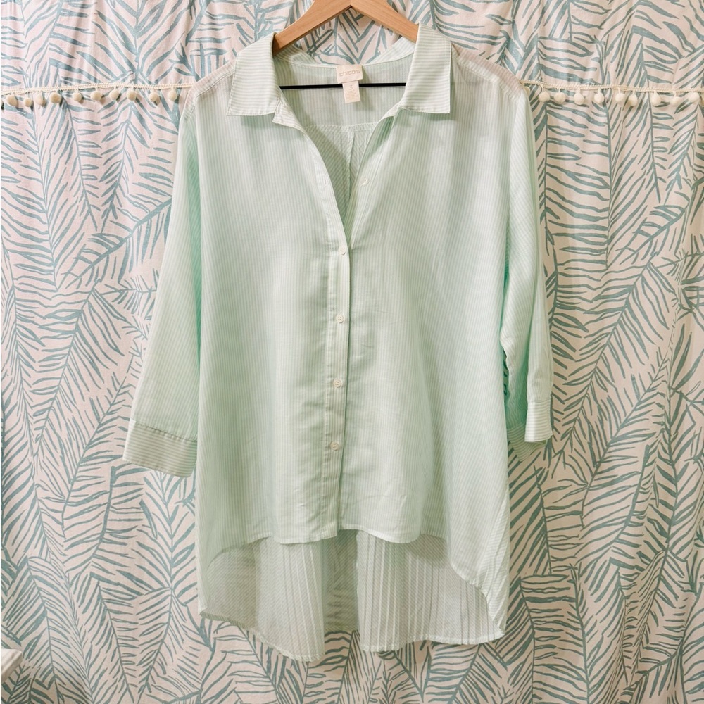 Sheer Hi/Lo Mint Stripe Breezy Button Up